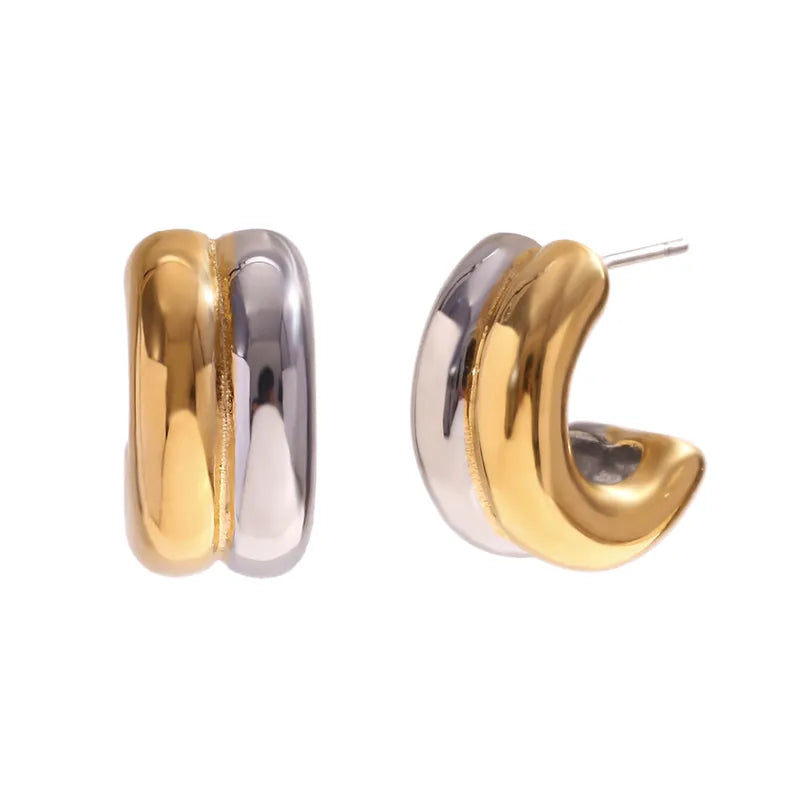 Aretes Bicolor Forma De C Acero Inoxidable