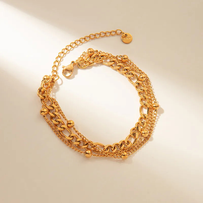 Pulsera Triple Cadena Bolitas Acero Inoxidable Chapado En Oro