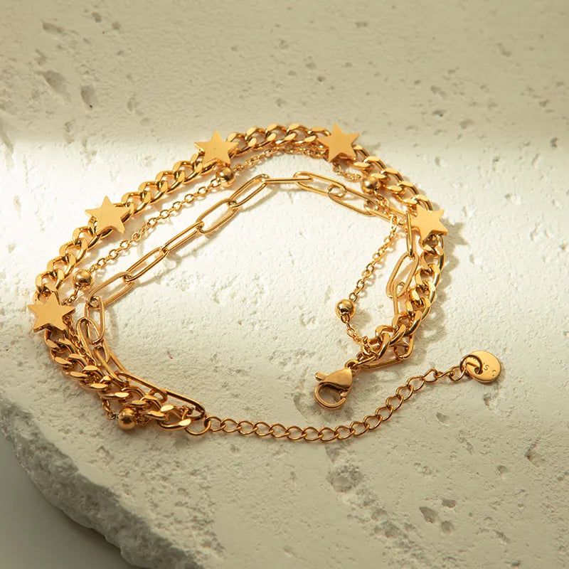 Pulsera Triple Cadena Estrella Acero Inoxidable Chapado En Oro